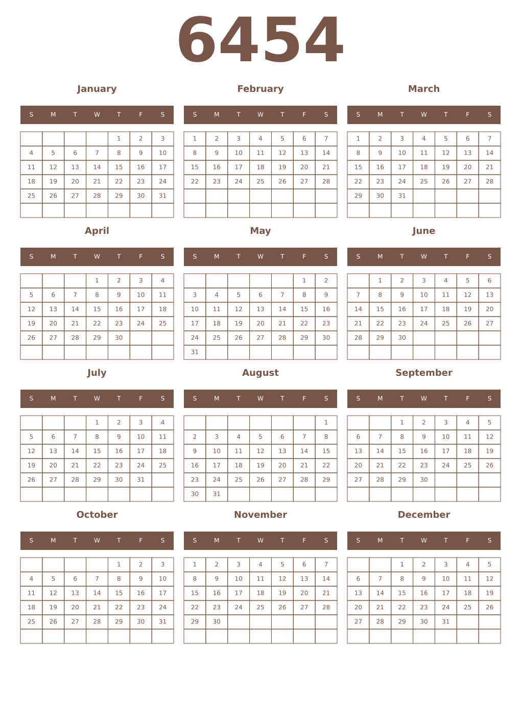 Printable 6454 Year Calendars coffe