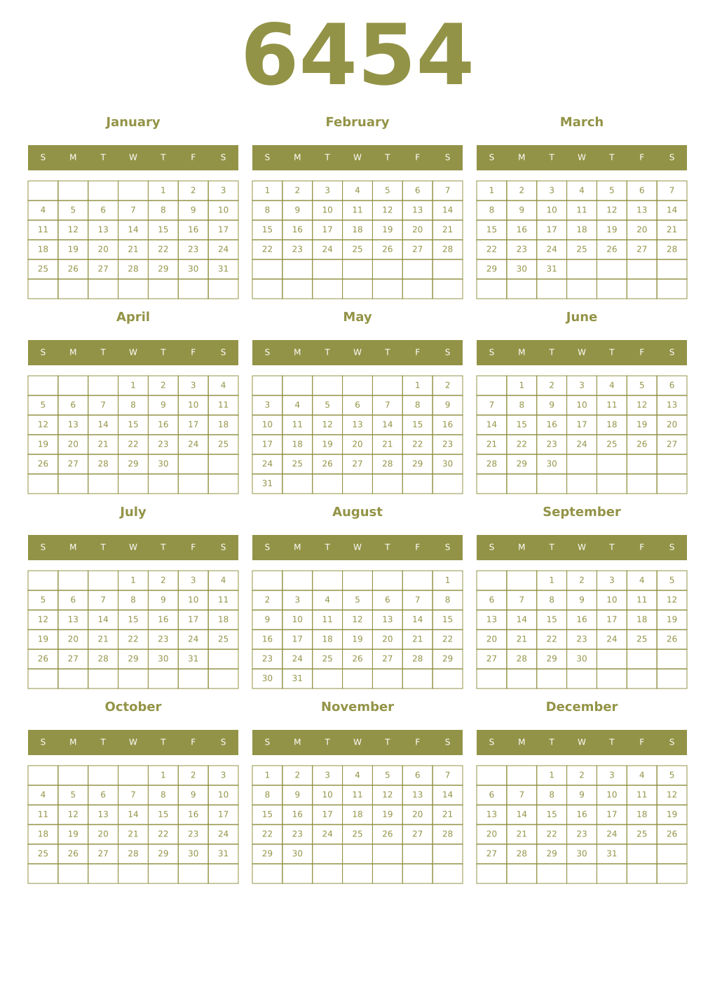 Printable 6454 Year Calendars eburnean