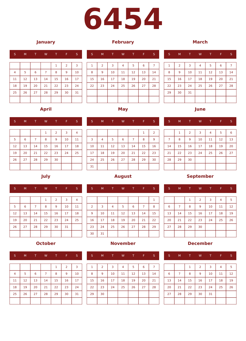 Printable 6454 Year Calendars falu