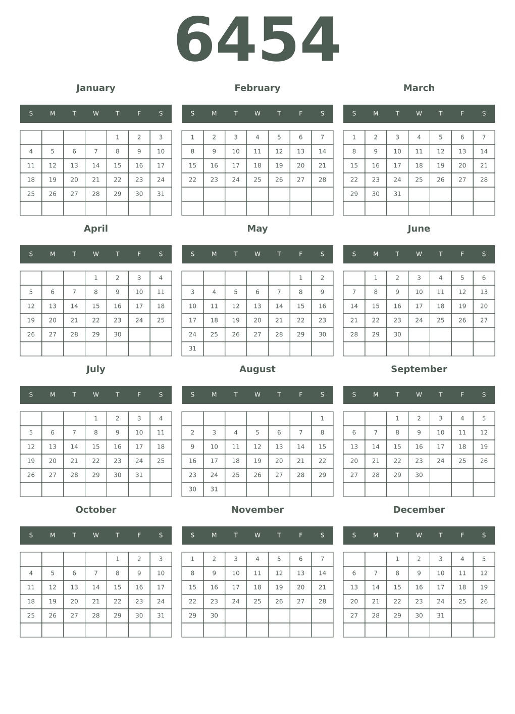 Printable 6454 Year Calendars feldgrau