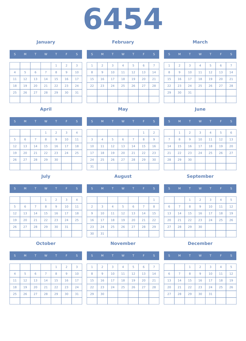 Printable 6454 Year Calendars glaucous