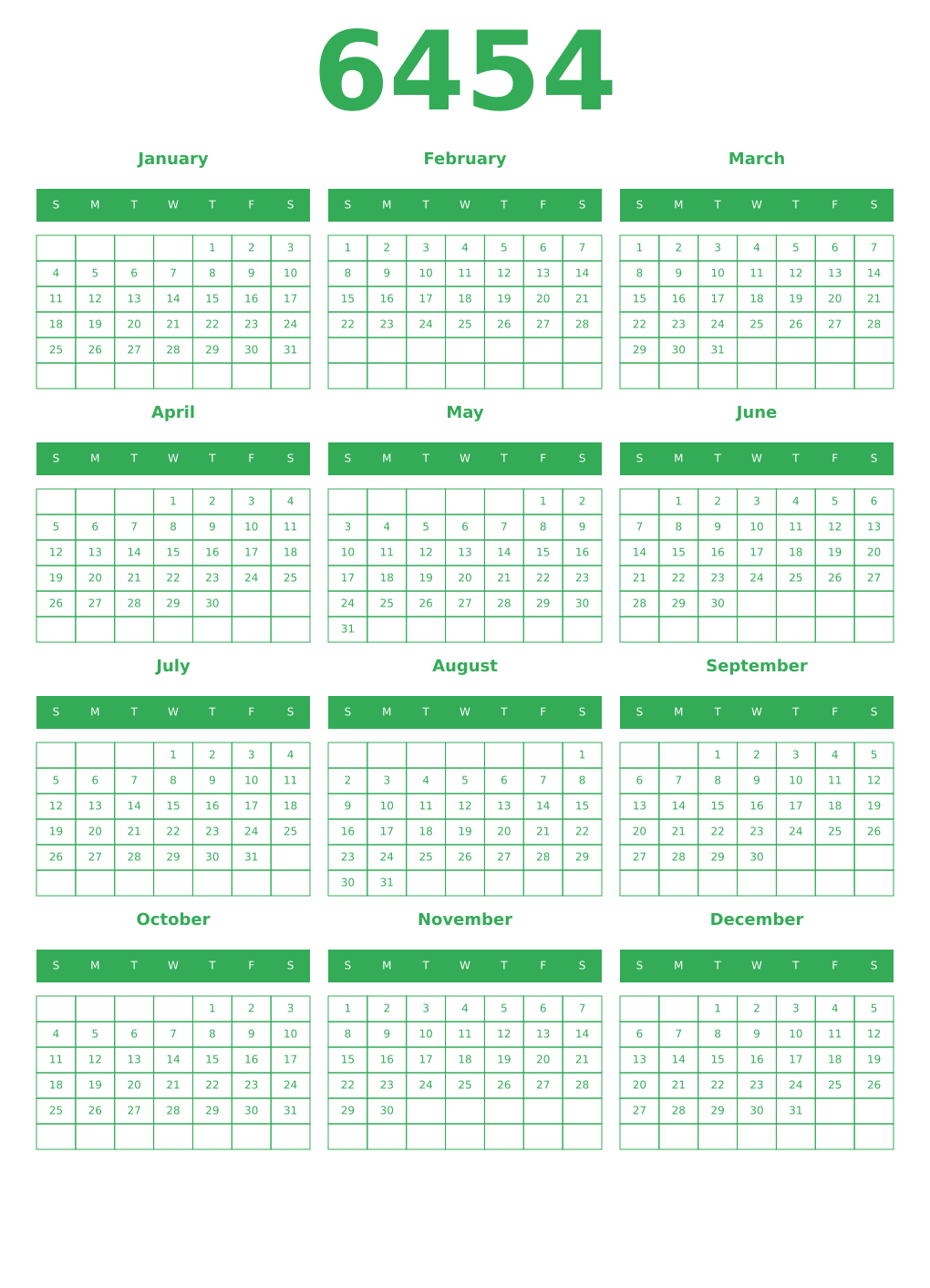 Printable 6454 Year Calendars green