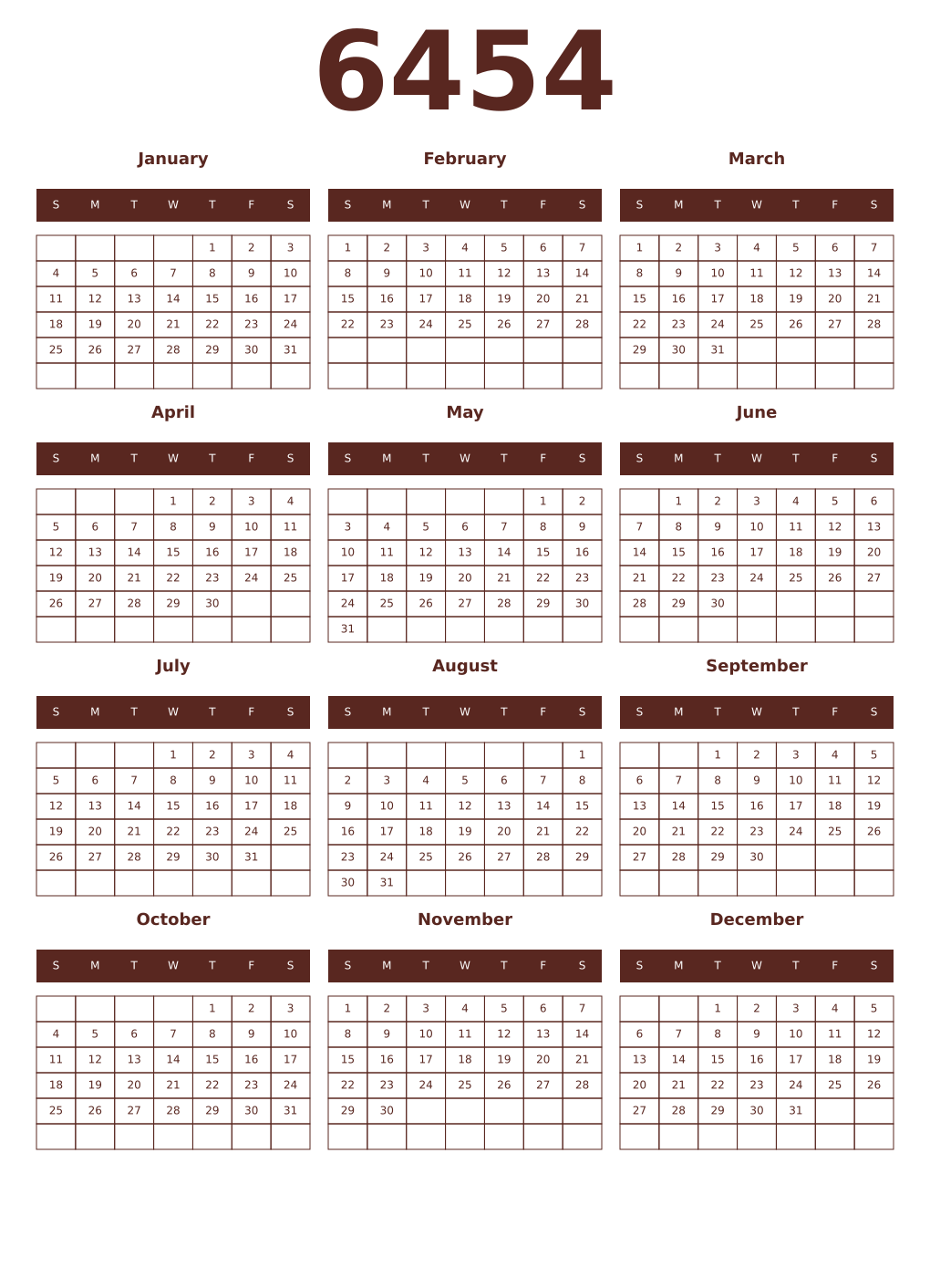 Printable 6454 Year Calendars mortuum