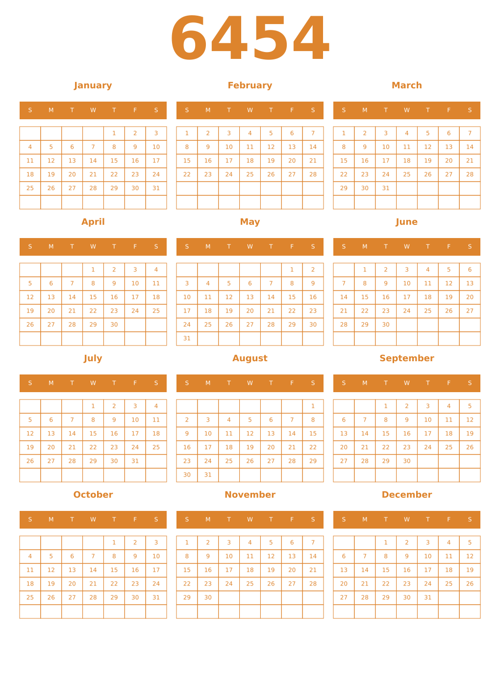 Printable 6454 Year Calendars orange