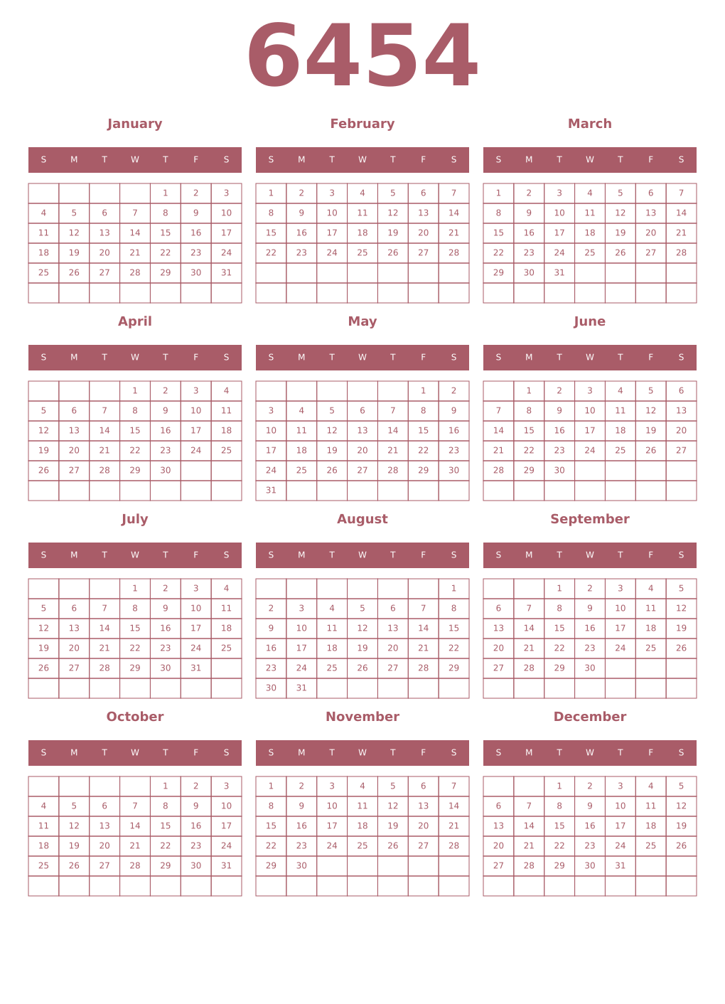 Printable 6454 Year Calendars puce