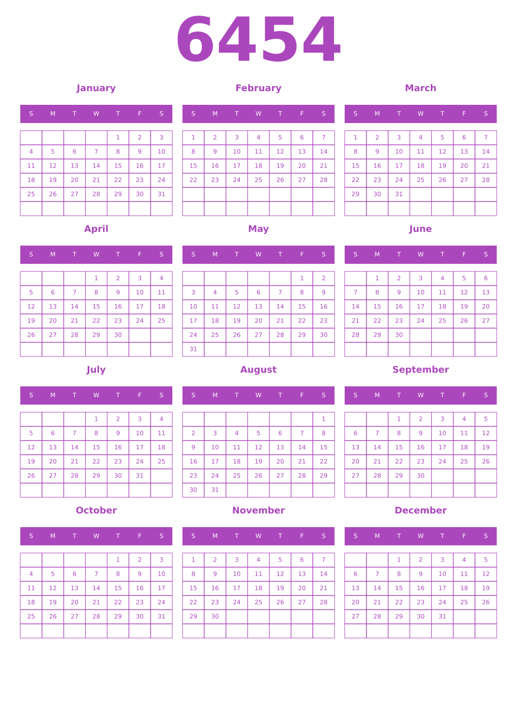 Printable 6454 Year Calendars purple