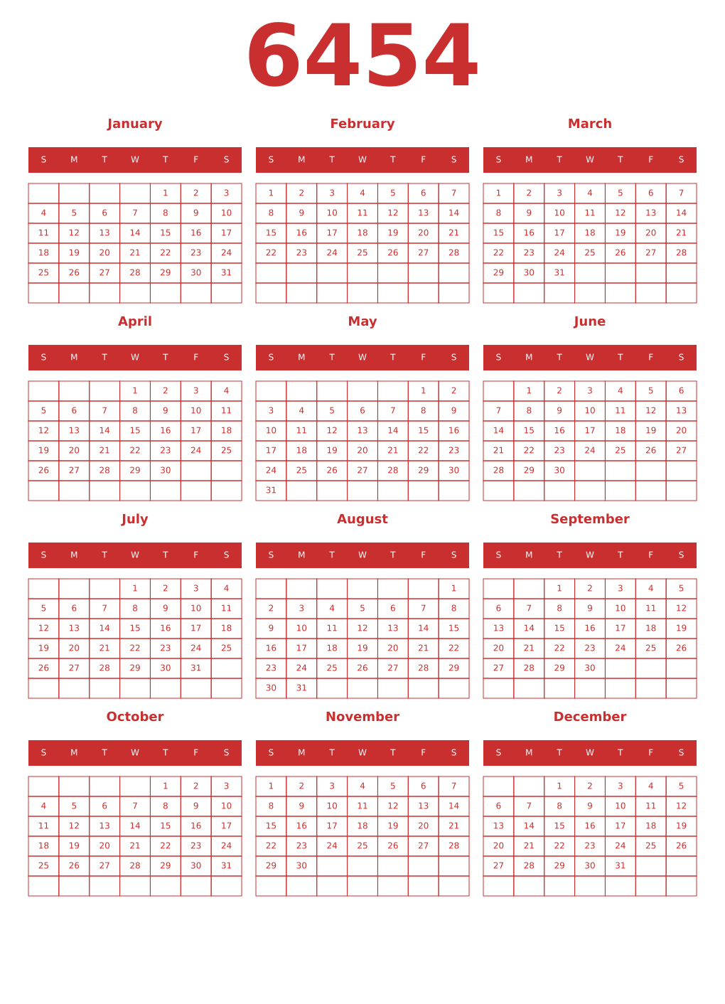 Printable 6454 Year Calendars red