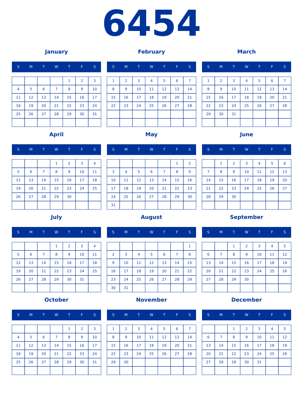 Printable 6454 Year Calendars smalt