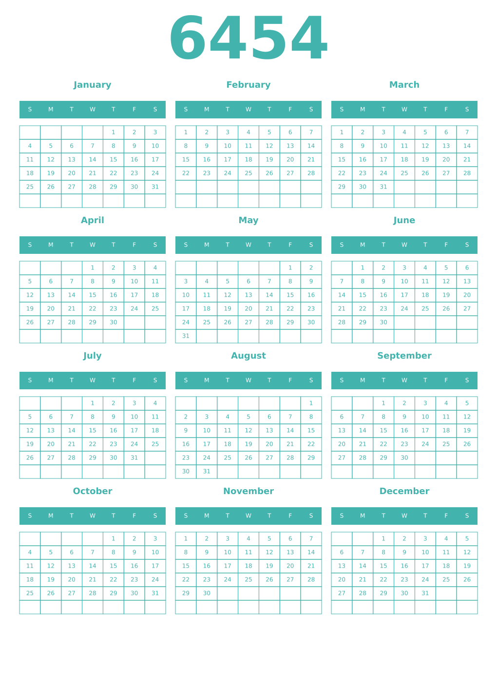 Printable 6454 Year Calendars verdigris