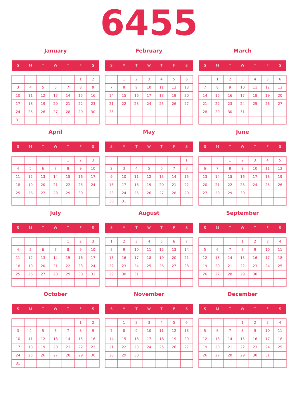 Printable 6455 Year Calendars amaranth