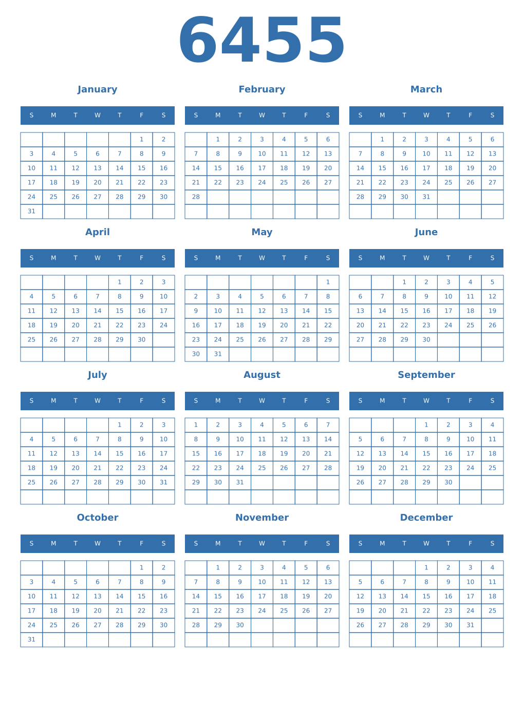 Printable 6455 Year Calendars blue