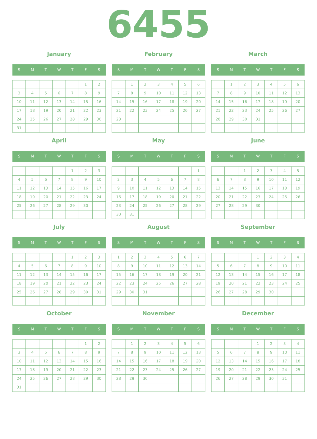 Printable 6455 Year Calendars celadon