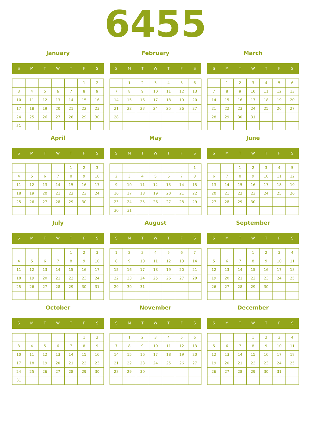 Printable 6455 Year Calendars chartreuse