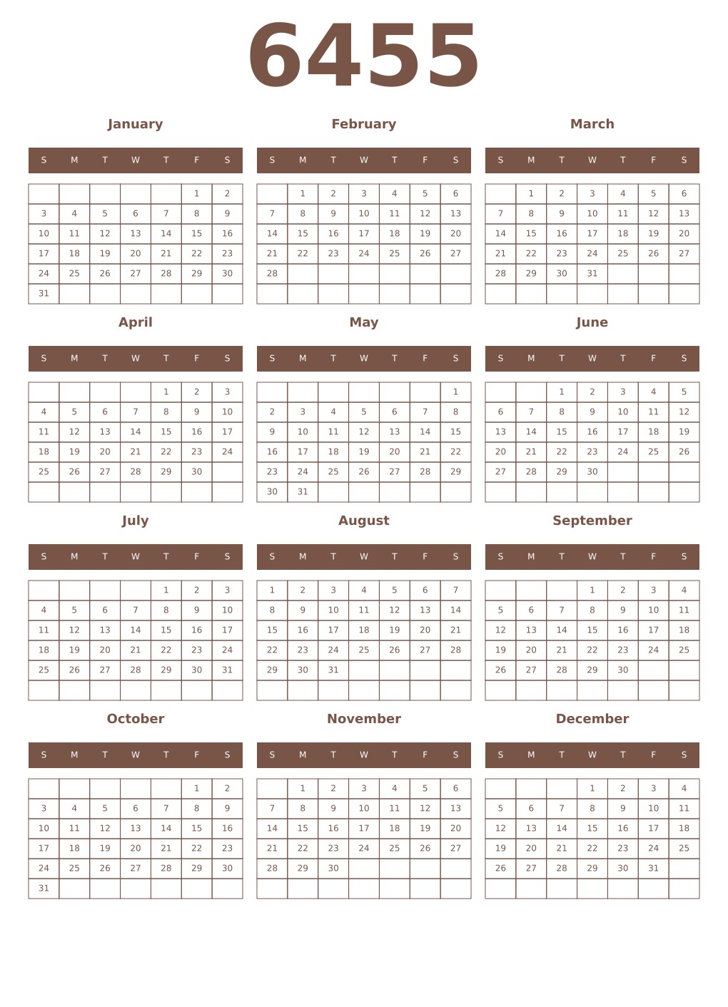 Printable 6455 Year Calendars coffe