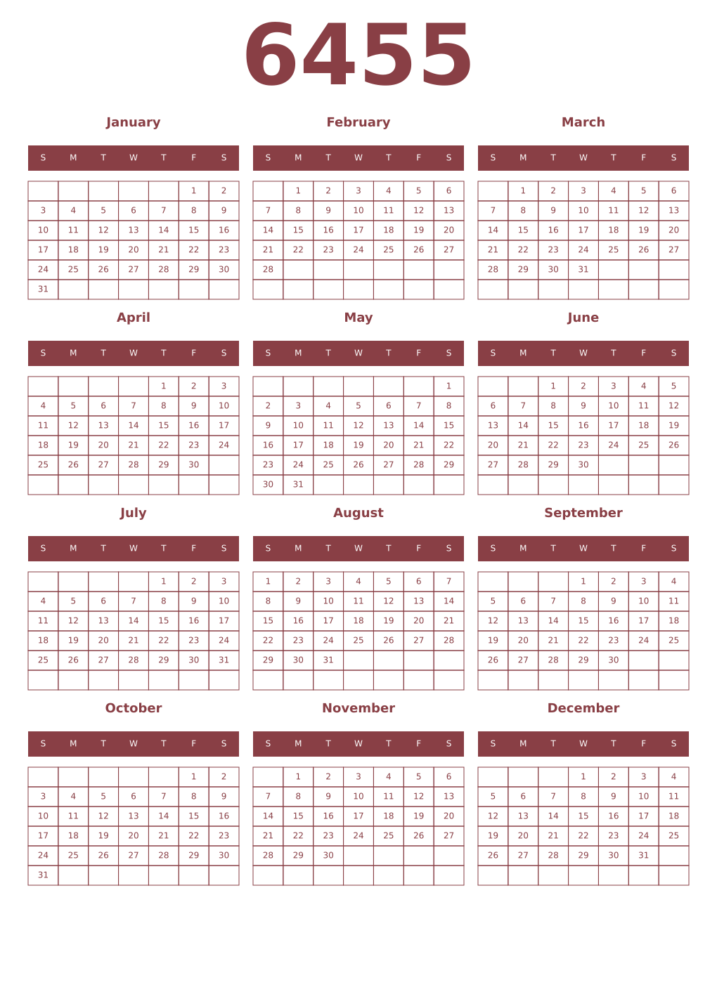 Printable 6455 Year Calendars cordovan
