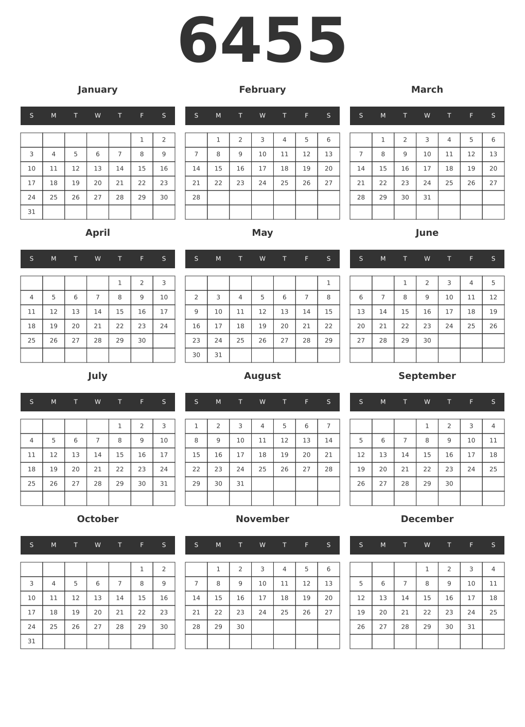 Printable 6455 Year Calendars dark