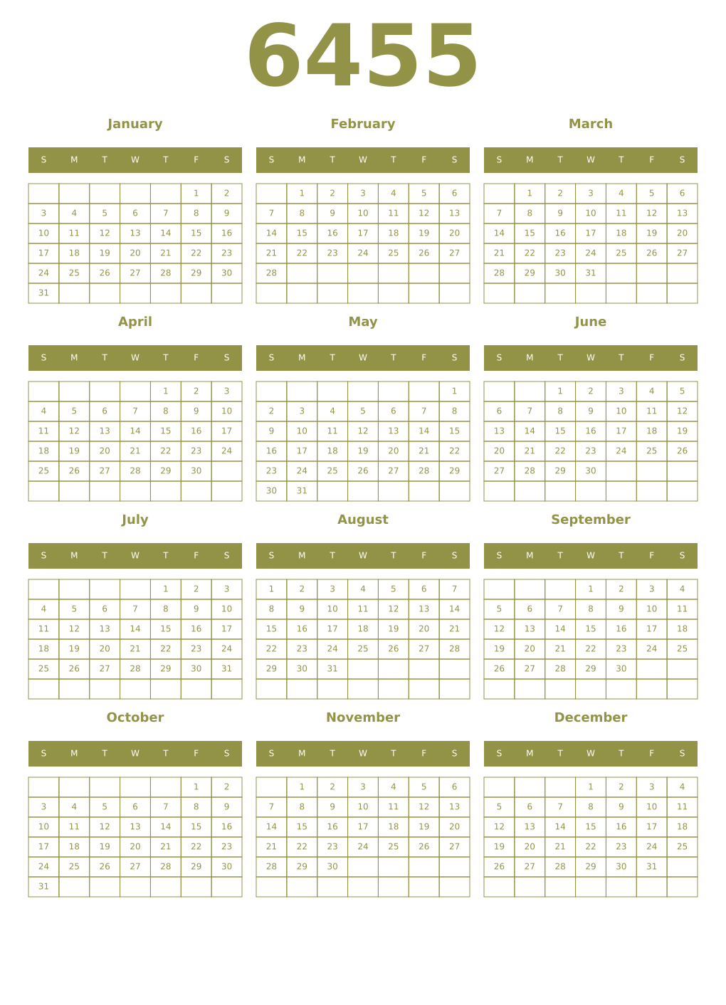 Printable 6455 Year Calendars eburnean