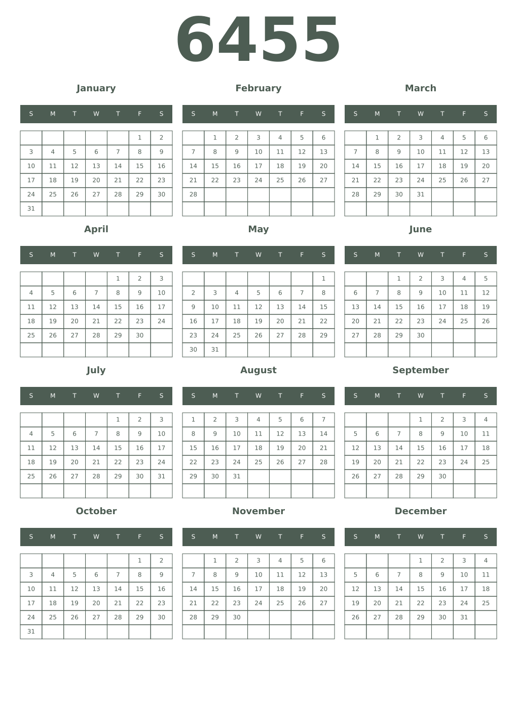Printable 6455 Year Calendars feldgrau