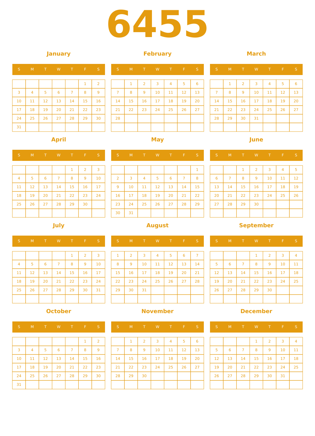 Printable 6455 Year Calendars gamboge