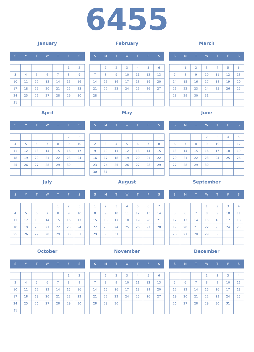 Printable 6455 Year Calendars glaucous