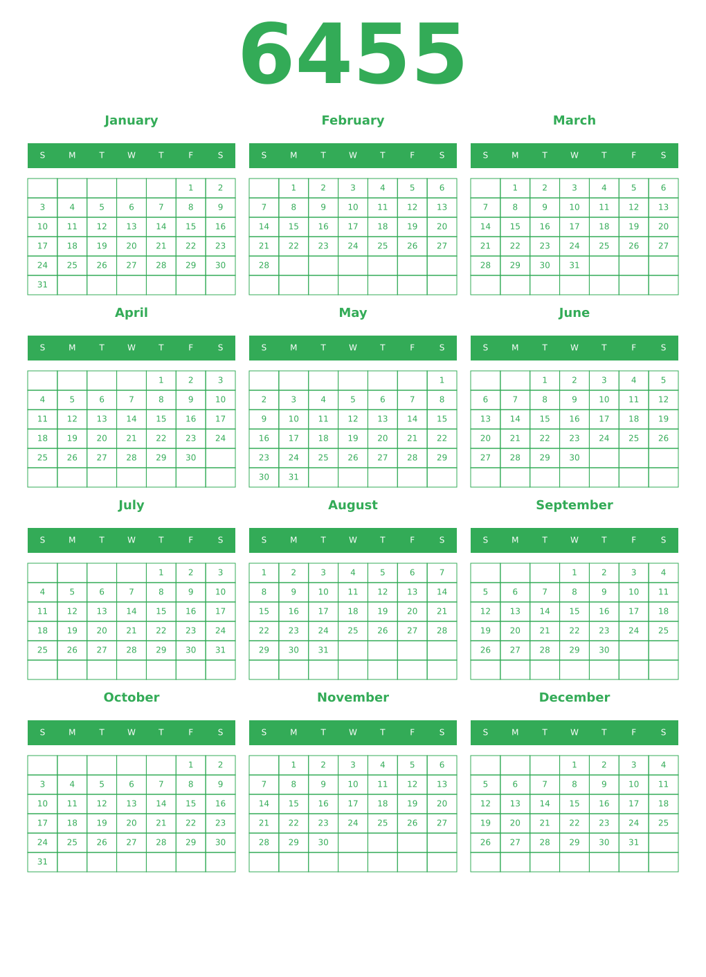 Printable 6455 Year Calendars green