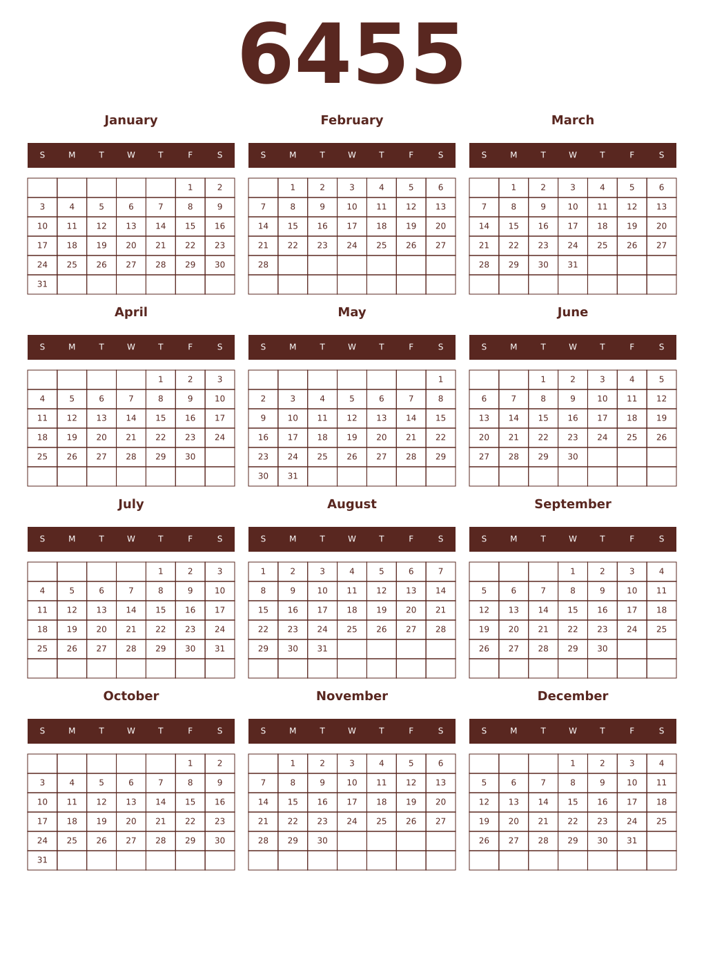 Printable 6455 Year Calendars mortuum