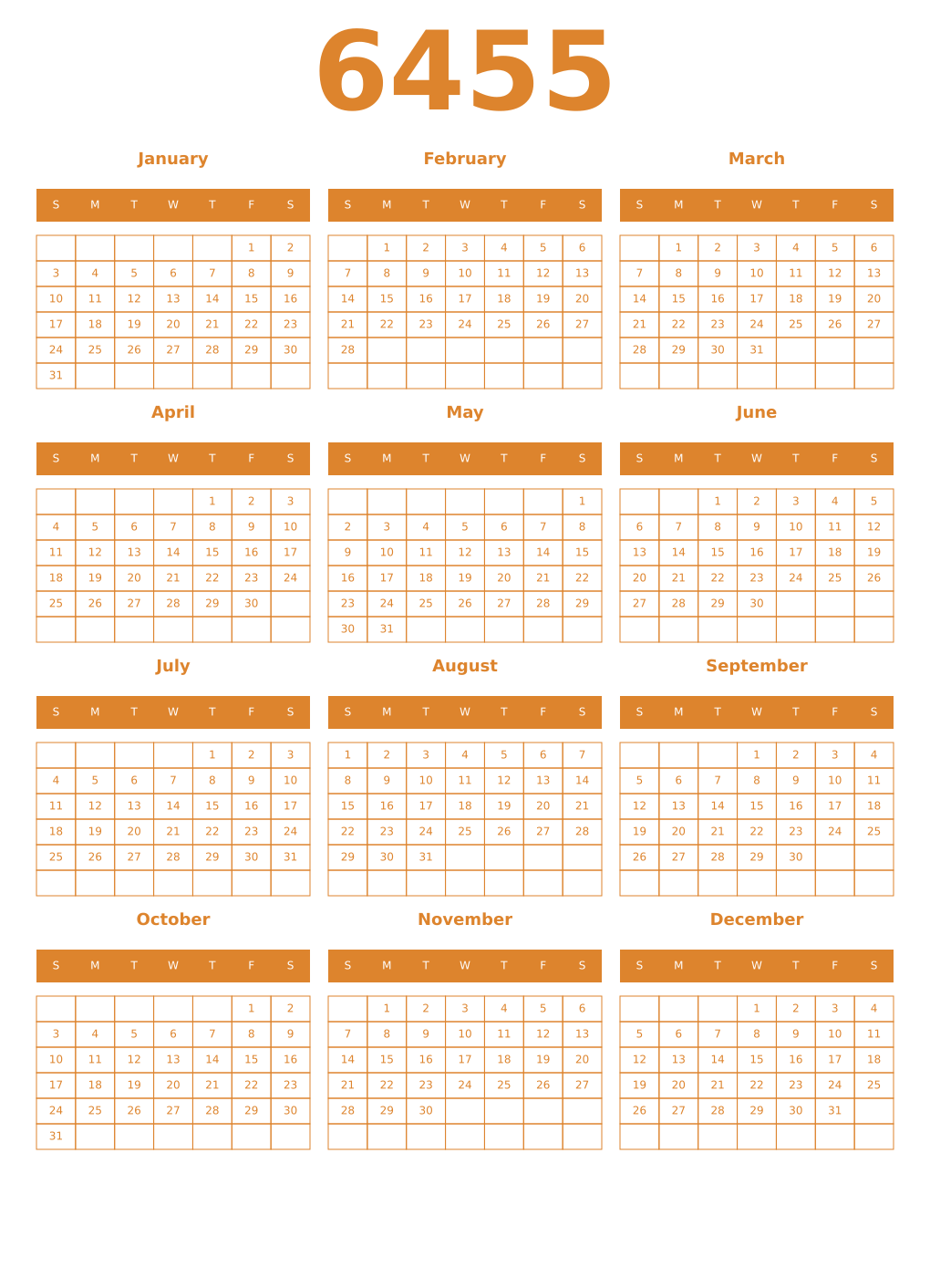 Printable 6455 Year Calendars orange