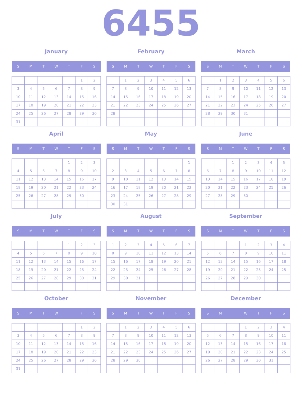Printable 6455 Year Calendars periwinkle