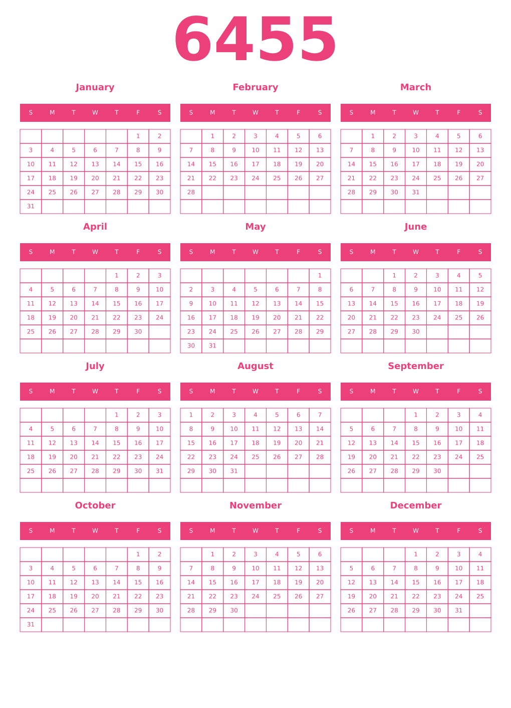 Printable 6455 Year Calendars pink