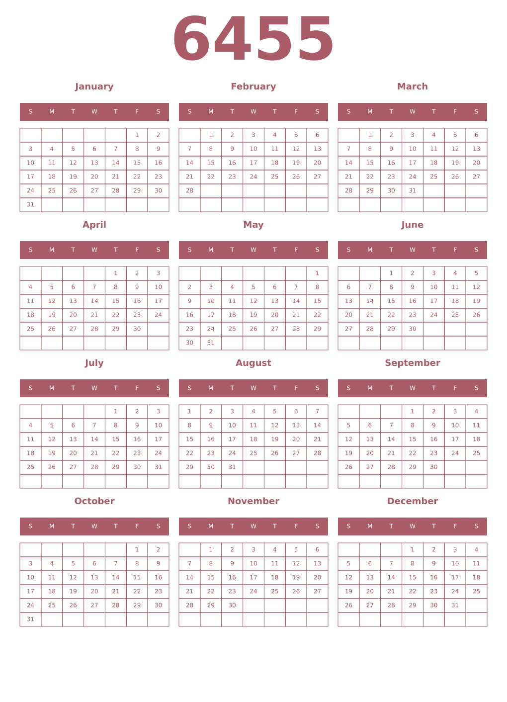 Printable 6455 Year Calendars puce
