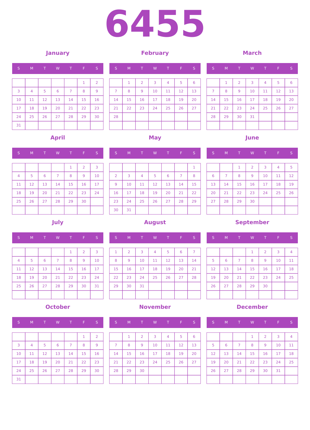 Printable 6455 Year Calendars purple