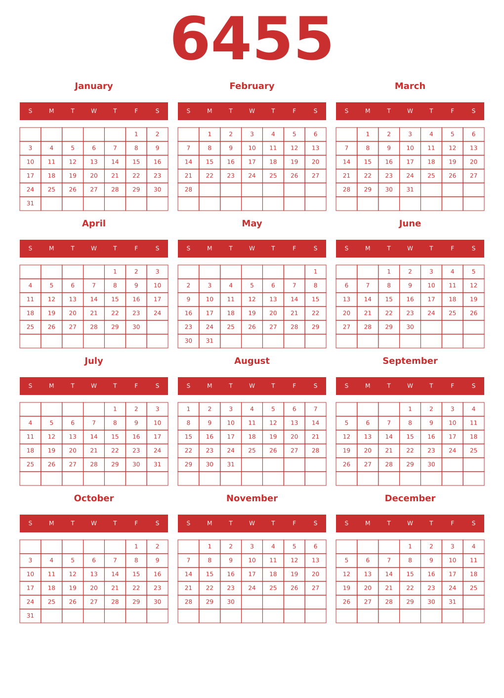 Printable 6455 Year Calendars red