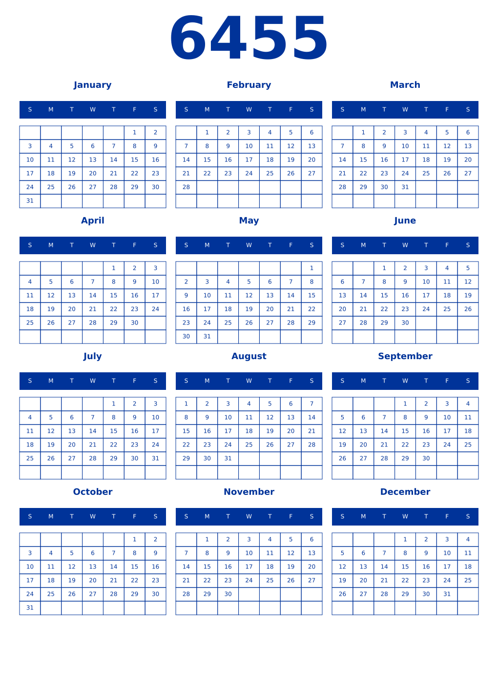 Printable 6455 Year Calendars smalt