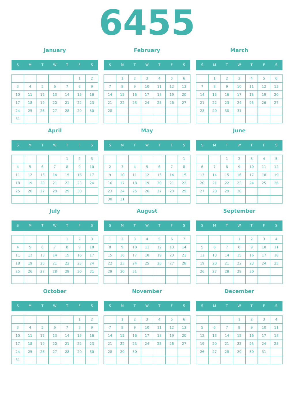 Printable 6455 Year Calendars verdigris