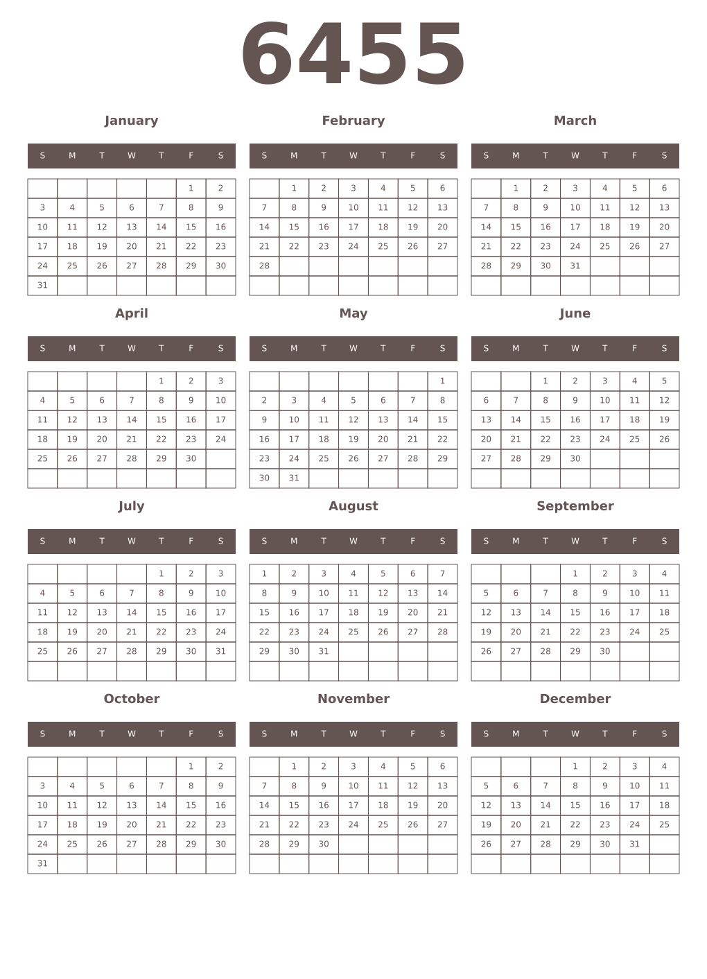 Printable 6455 Year Calendars wenge