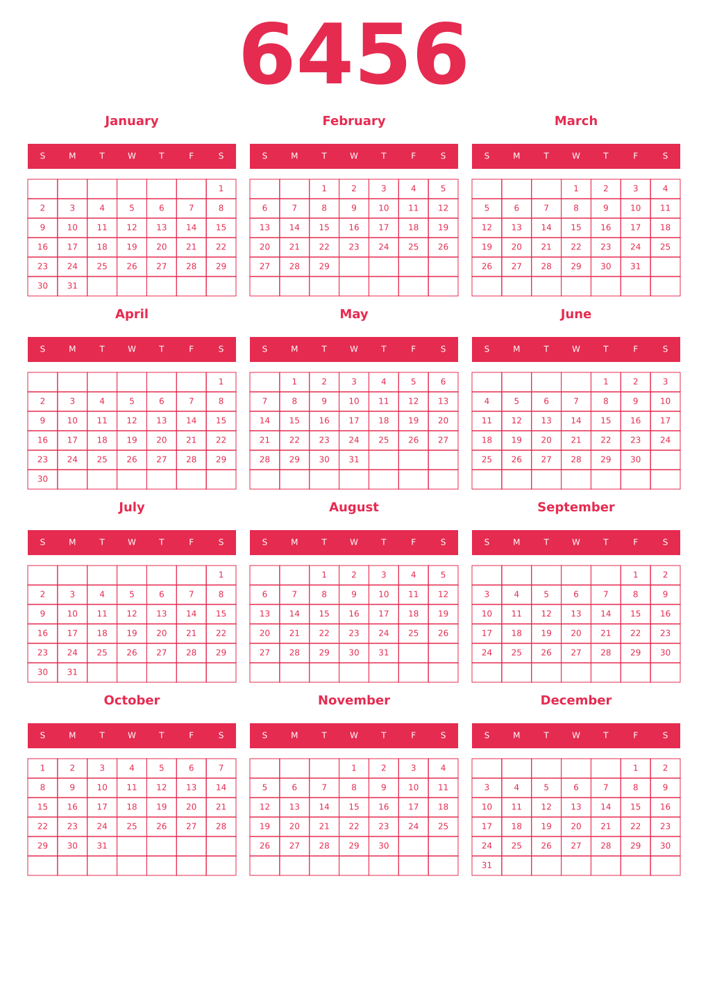 Printable 6456 Year Calendars amaranth