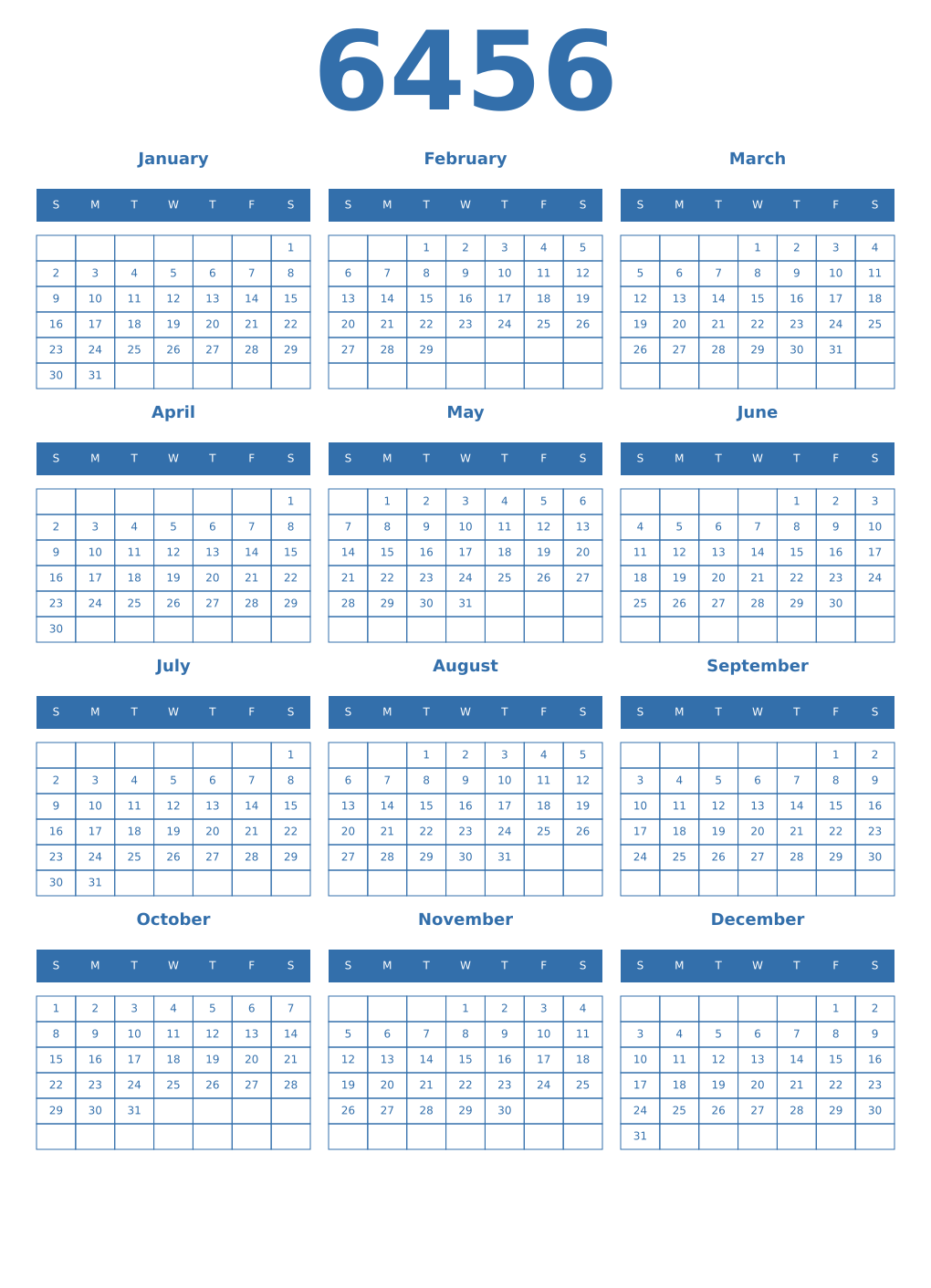 Printable 6456 Year Calendars blue