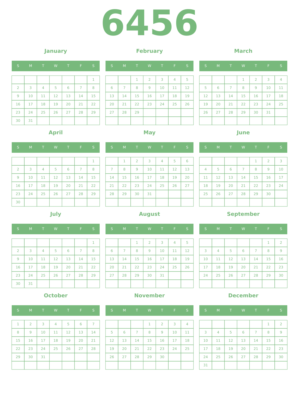 Printable 6456 Year Calendars celadon