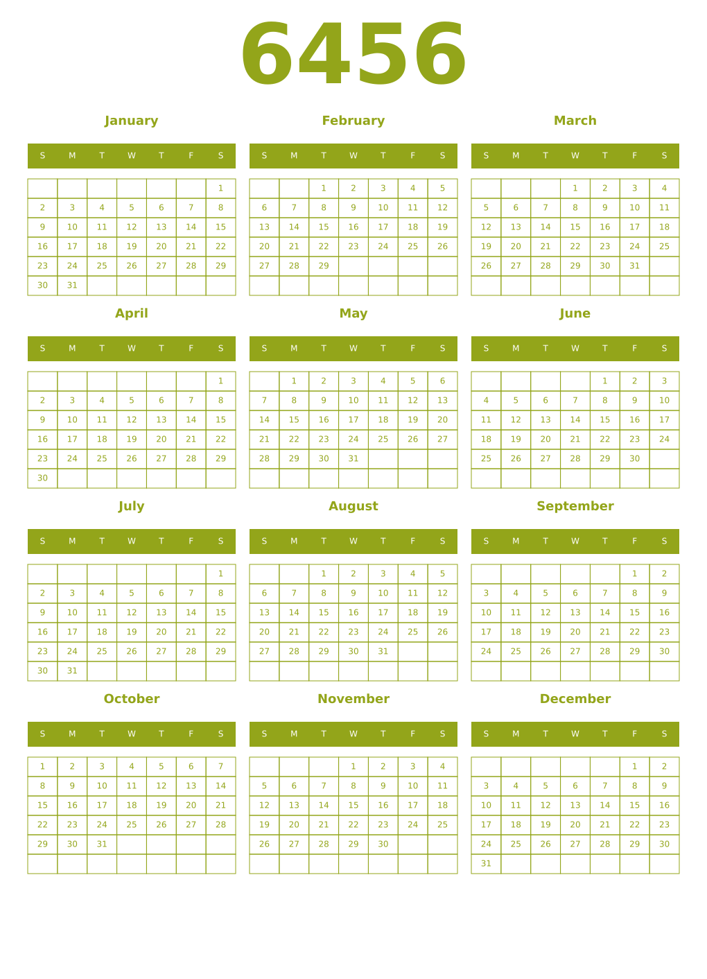 Printable 6456 Year Calendars chartreuse