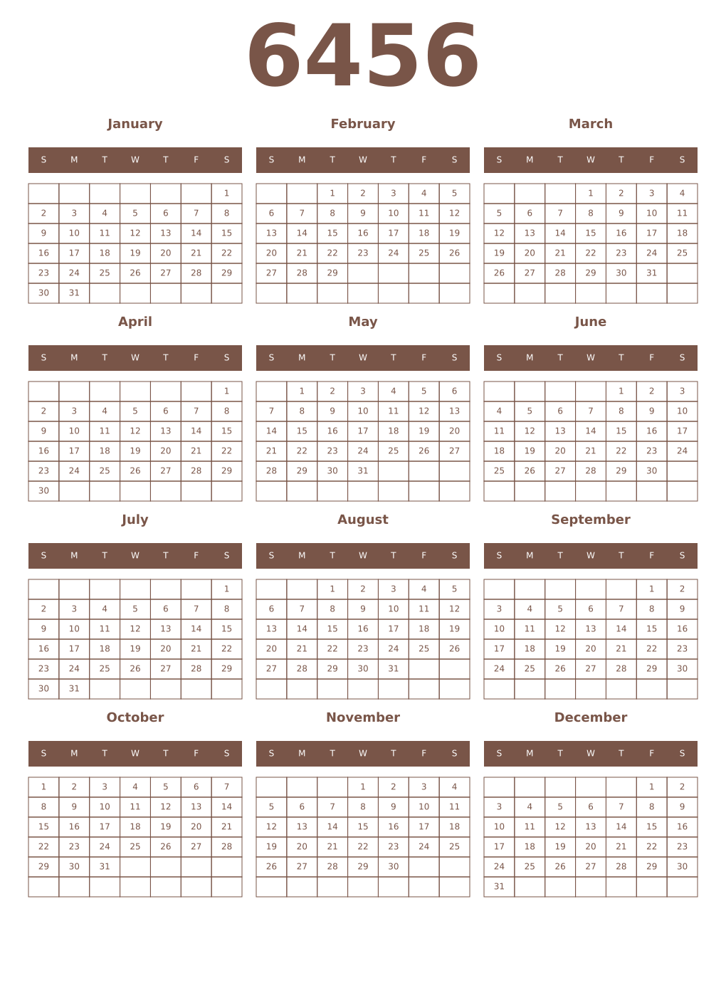 Printable 6456 Year Calendars coffe