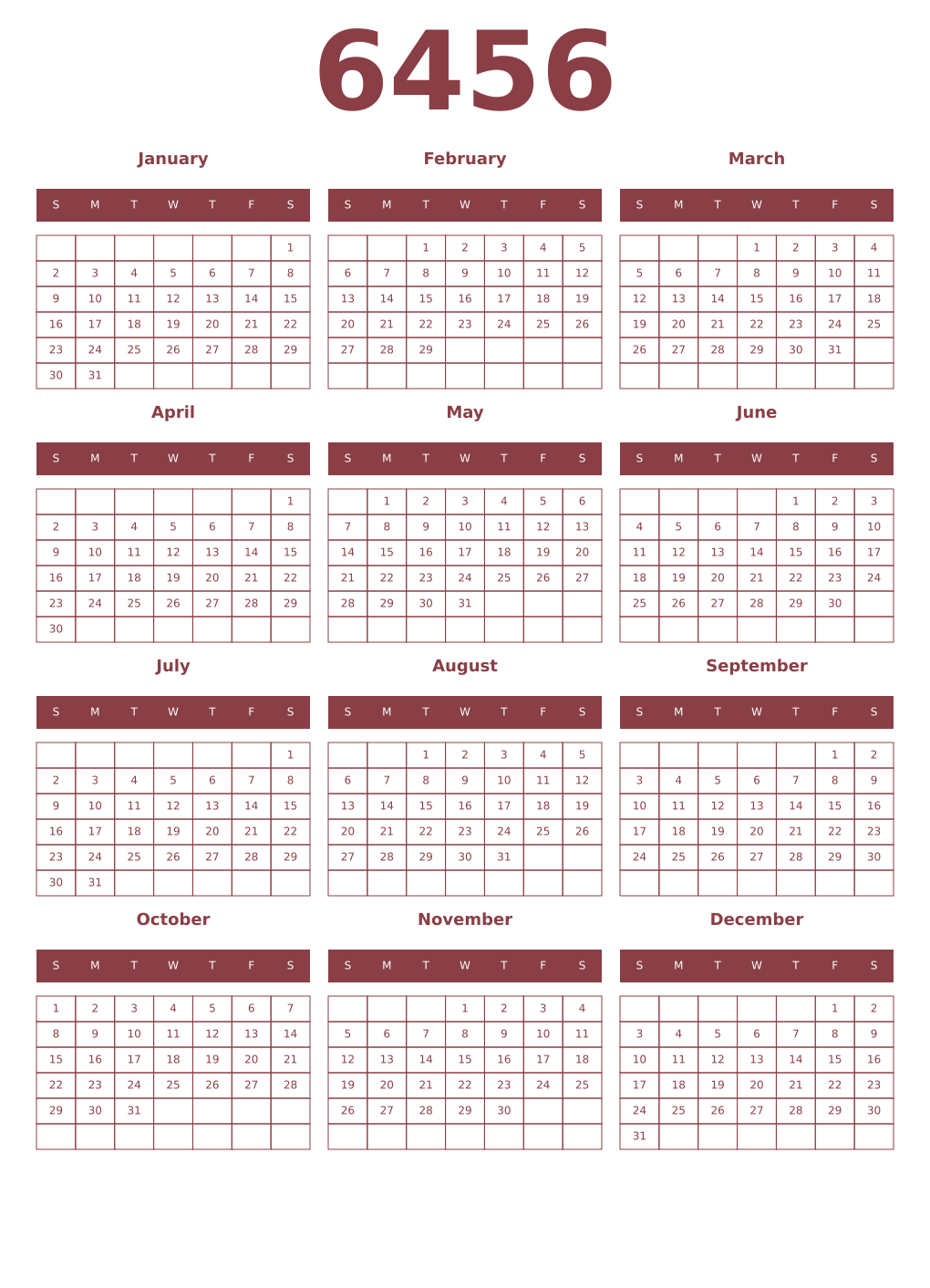 Printable 6456 Year Calendars cordovan