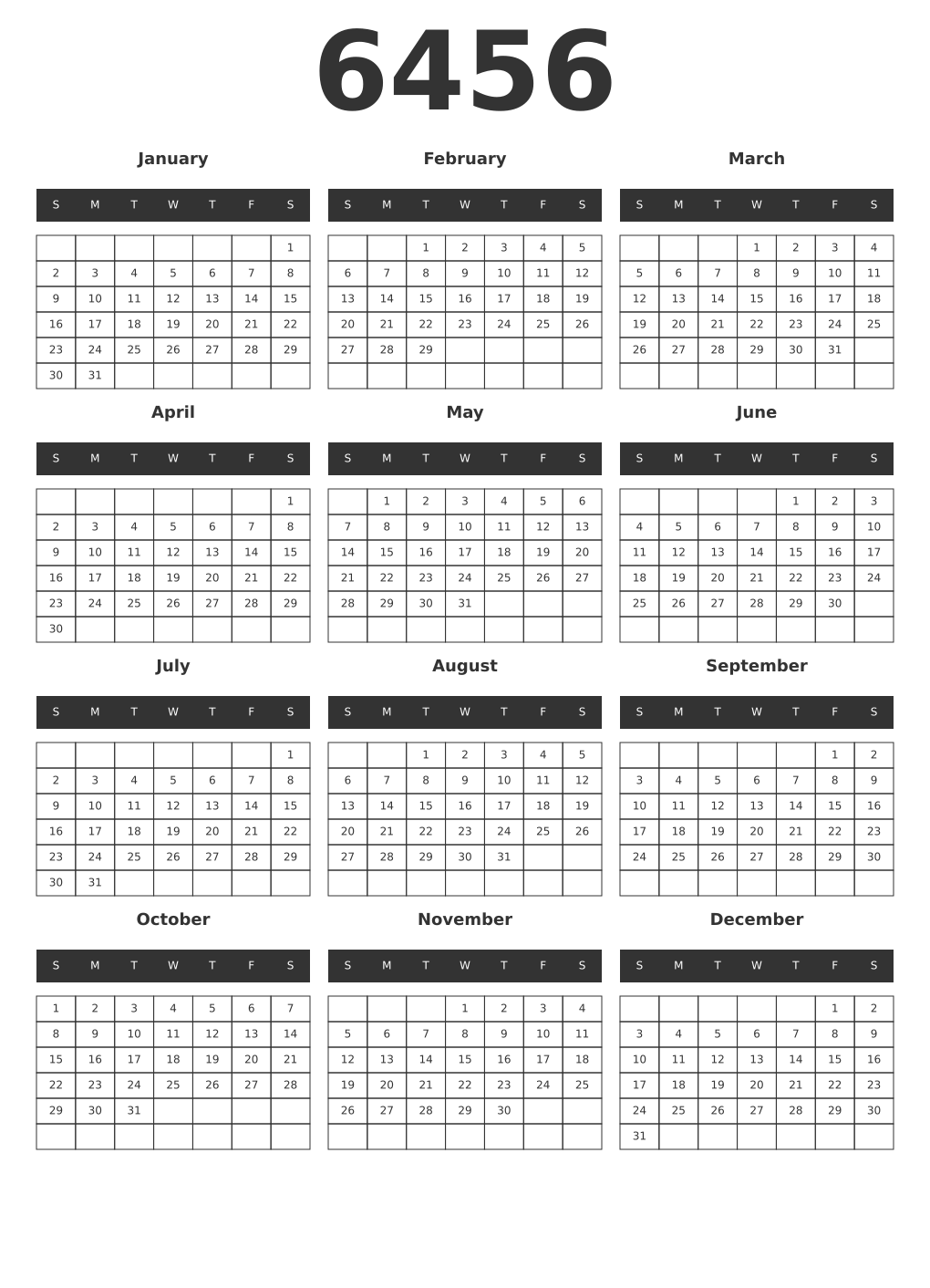 Printable 6456 Year Calendars dark