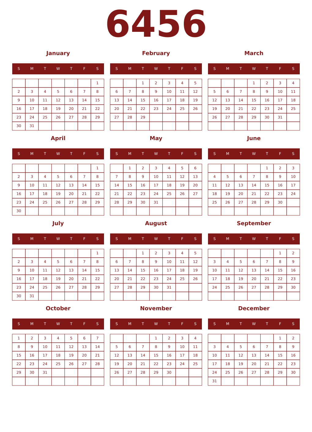 Printable 6456 Year Calendars falu