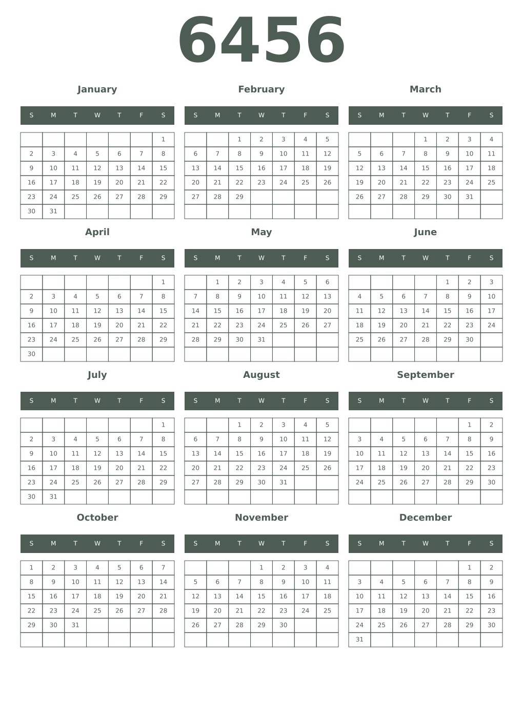 Printable 6456 Year Calendars feldgrau
