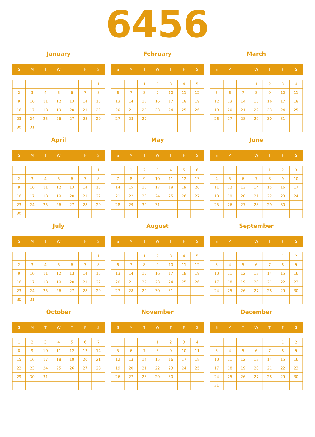 Printable 6456 Year Calendars gamboge