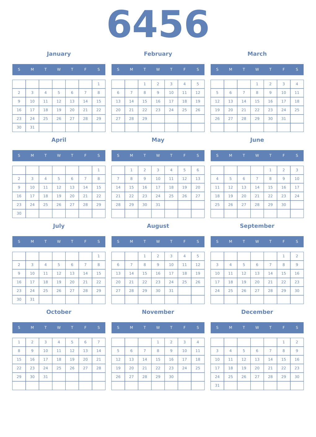 Printable 6456 Year Calendars glaucous