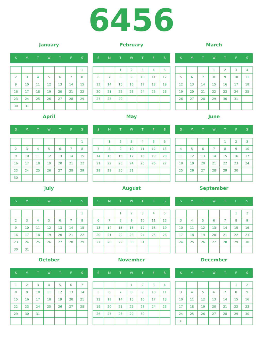 Printable 6456 Year Calendars green