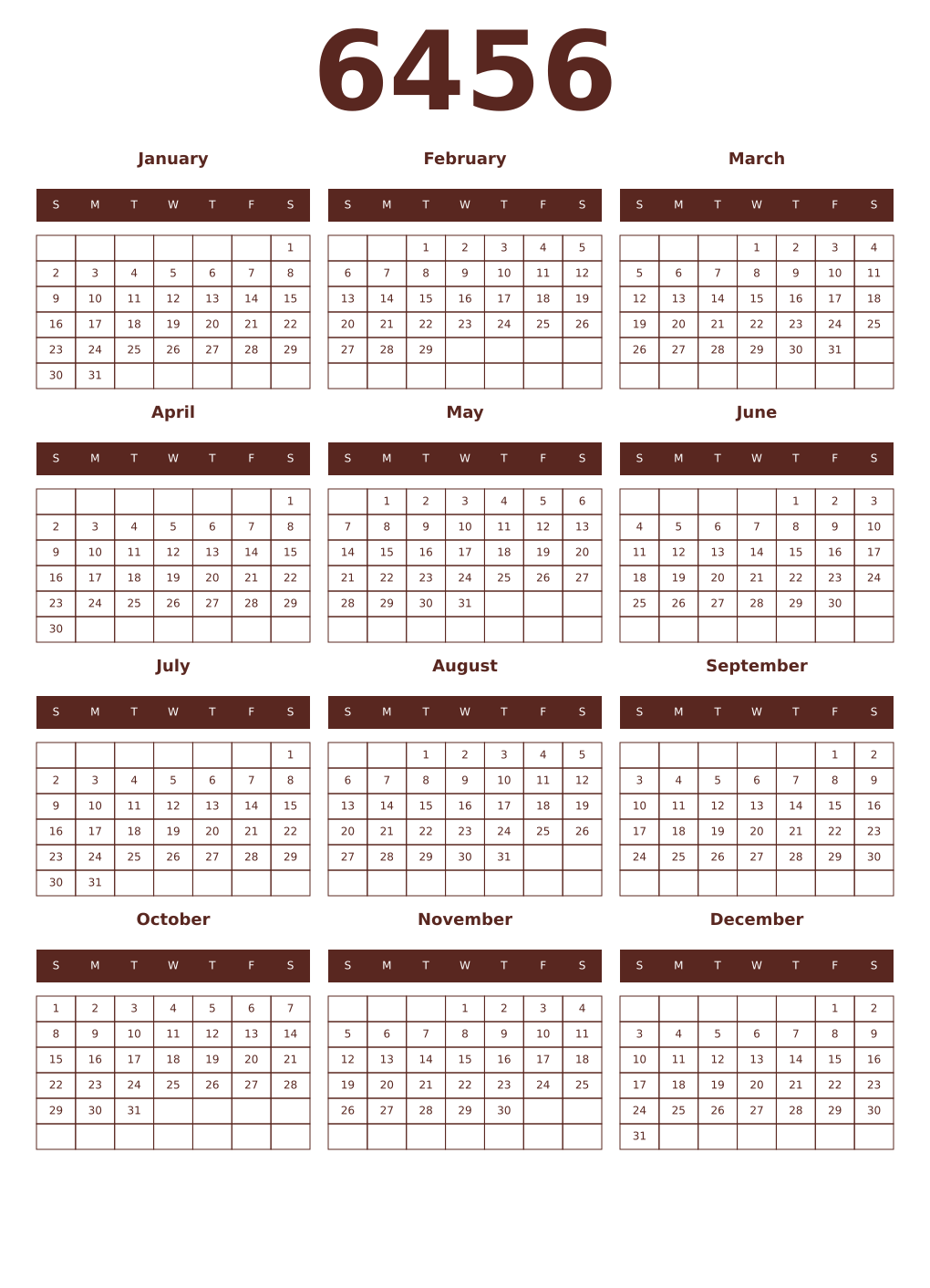 Printable 6456 Year Calendars mortuum