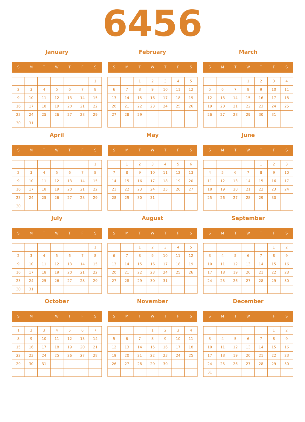 Printable 6456 Year Calendars orange