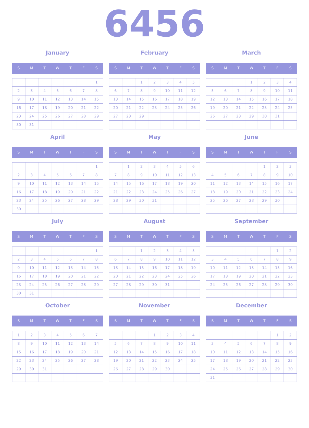 Printable 6456 Year Calendars periwinkle